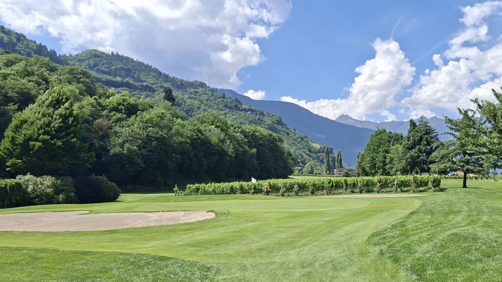 Bunker und Grün auf dem Golfplatz Lana vor Obstzeilen und Bergen 